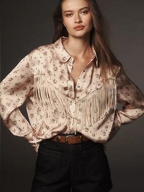 Anthropologie - Let Me Be Western Fringe Snap Closure Long Sleeve Blouse XXS